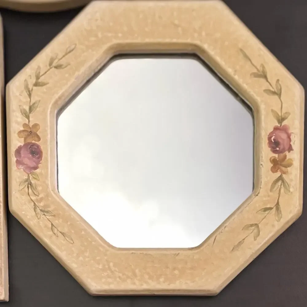 Vintage Mirror Set Hand Painted Cream Pink Rosebud Wall Decor 1980s